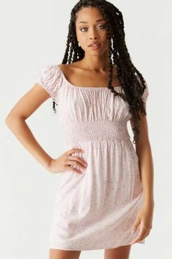 Stitches Ladies Pink Floral Smocked Milkmaid Mini Dress