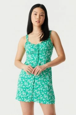 Stitches Ladies Floral Print Ruffled Trim Button-Up A-Line Dress