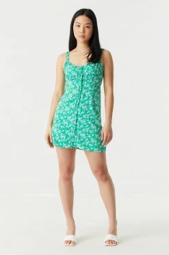 Stitches Ladies Floral Print Ruffled Trim Button-Up A-Line Dress