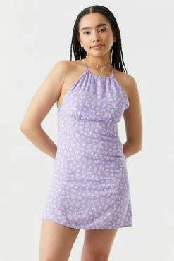 Stitches Ladies Bodycon Ditsy Floral Print Self-Tie Halter Crossback Mini Dress