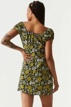 Stitches Ladies Mini Yellow Floral Print A-Line Milkmaid Dress