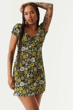 Stitches Ladies Mini Yellow Floral Print A-Line Milkmaid Dress