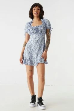 Stitches Ladies Purple Floral Print Self-Tie Halter Neck Milkmaid Dress Mini