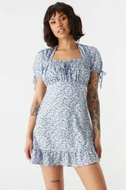 Stitches Ladies Purple Floral Print Self-Tie Halter Neck Milkmaid Dress Mini