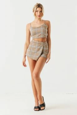 Stitches Ladies Tan Plaid Cropped Cami