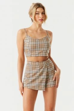Stitches Ladies Tan Plaid Cropped Cami