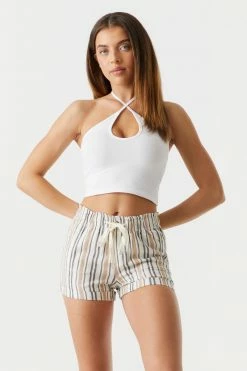 Stitches Ladies Striped Self-Tie Drawstring Linen Short