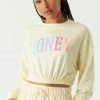 Stitches Ladies Tops Soft Fleece Cinched Hem Honey Graphic Long Sleeve Top