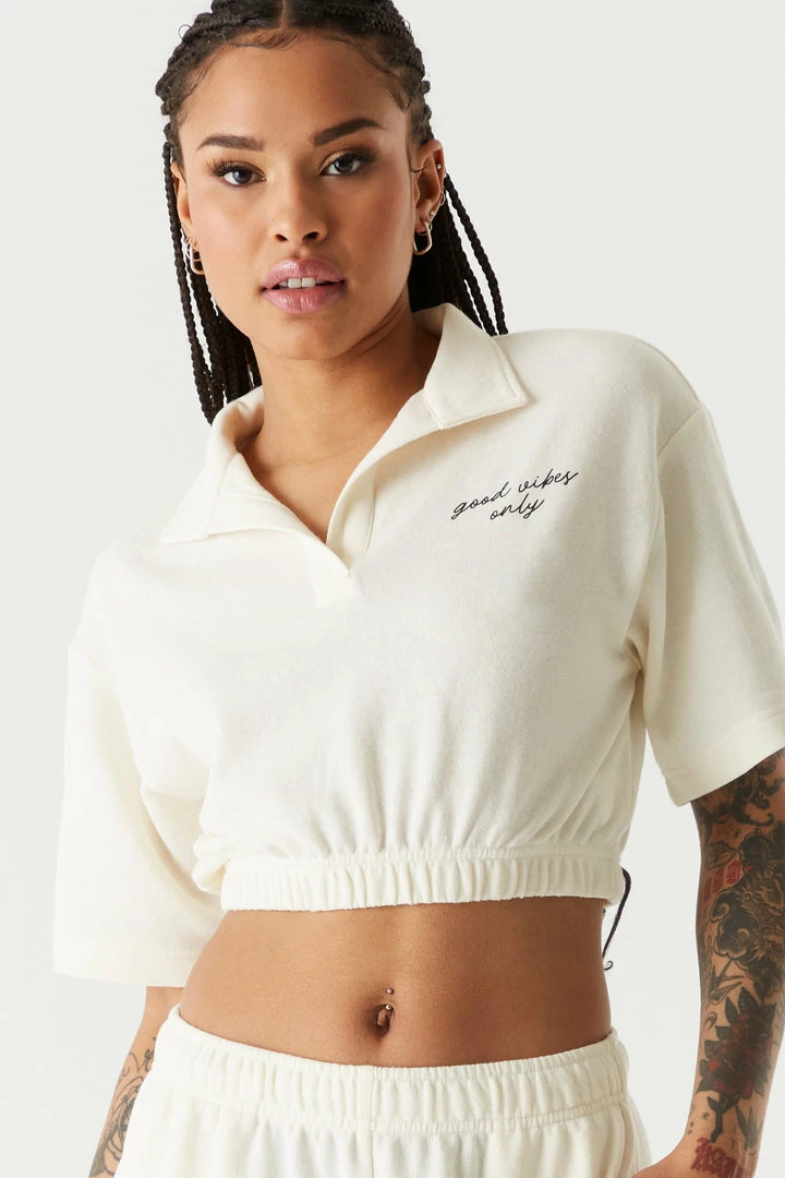 Stitches Ladies Fleece Good Vibes Only Graphic Embroidered Polo Top 1 Stitches Ladies Fleece Good Vibes Only Graphic Embroidered Polo Top