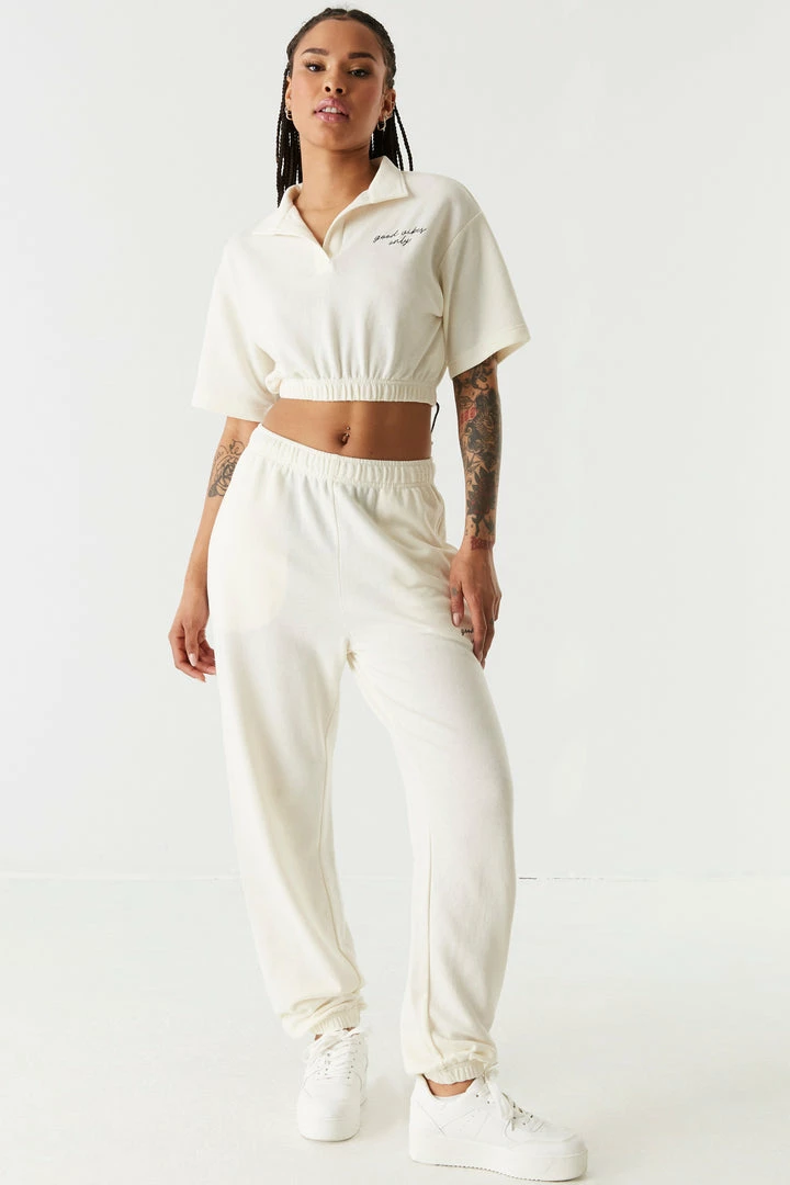 Stitches Ladies Fleece Good Vibes Only Graphic Embroidered Polo Top 4 Stitches Ladies Fleece Good Vibes Only Graphic Embroidered Polo Top