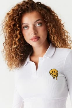 Stitches Ladies Tops Soft Ribbed Embroidered Graphic Smiley Polo Top