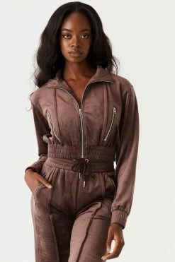 Stitches Ladies Velour Mock Neck Zip-Up Cropped Sweater Sets