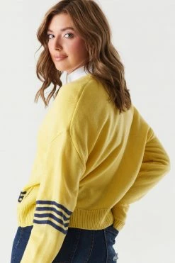 Stitches Ladies Yellow Varsity Printed Button-Up Cardigan