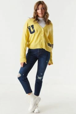 Stitches Ladies Yellow Varsity Printed Button-Up Cardigan 5 Stitches Ladies Yellow Varsity Printed Button-Up Cardigan