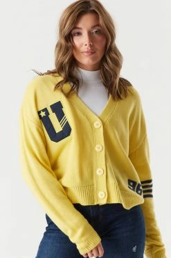 Stitches Ladies Yellow Varsity Printed Button-Up Cardigan