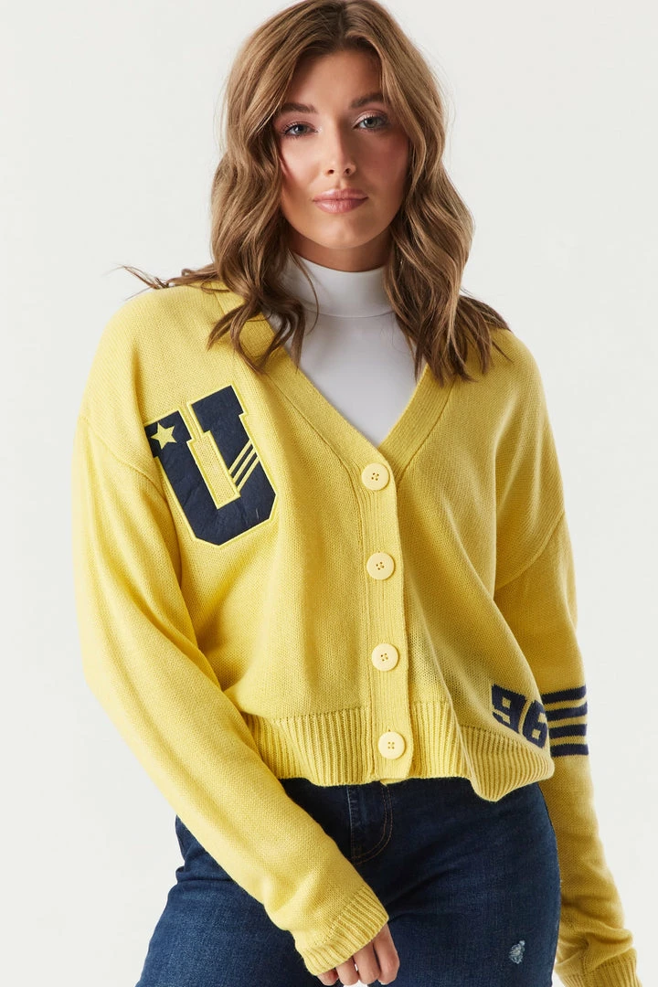 Stitches Ladies Yellow Varsity Printed Button-Up Cardigan 1 Stitches Ladies Yellow Varsity Printed Button-Up Cardigan
