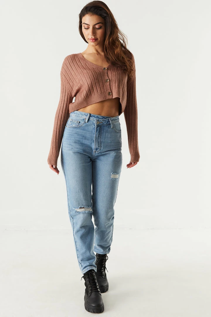 Stitches Ladies Relaxed Ribbed Knit Cropped Cardigan 3 Stitches Ladies Relaxed Ribbed Knit Cropped Cardigan