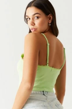 Stitches Ladies Butterfly Graphic Ribbed Lace Trim Cropped Cami Tops