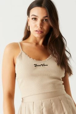 Stitches Ladies Good Vibes Graphic Lace Trim Cropped Cami