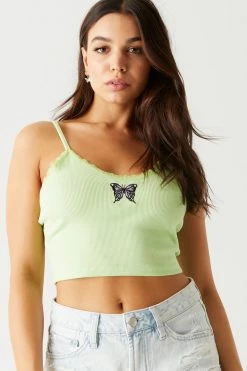Stitches Ladies Butterfly Graphic Ribbed Lace Trim Cropped Cami Tops