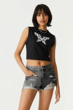 Stitches Ladies Butterfly Tattoo Print Cropped Tank Top Tops