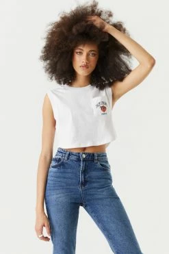 Stitches Ladies High-Neck Palm Springs Pocket Graphic Cropped Tank Top Tops