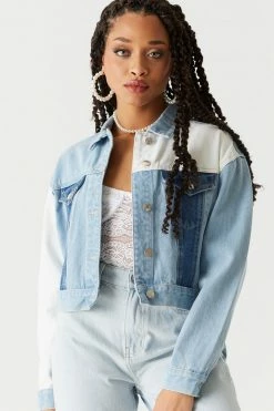 Stitches Ladies Denim Jackets Contrast Patchwork Cropped Denim Jacket