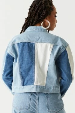 Stitches Ladies Denim Jackets Contrast Patchwork Cropped Denim Jacket