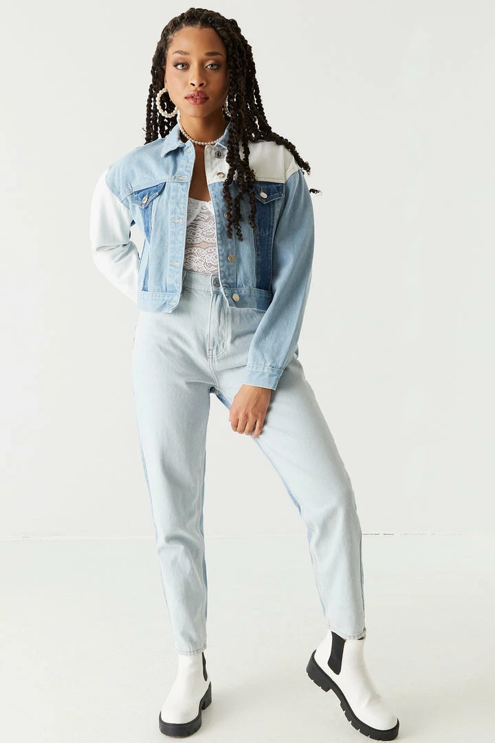 Stitches Ladies Denim Jackets Contrast Patchwork Cropped Denim Jacket 3 Stitches Ladies Denim Jackets Contrast Patchwork Cropped Denim Jacket