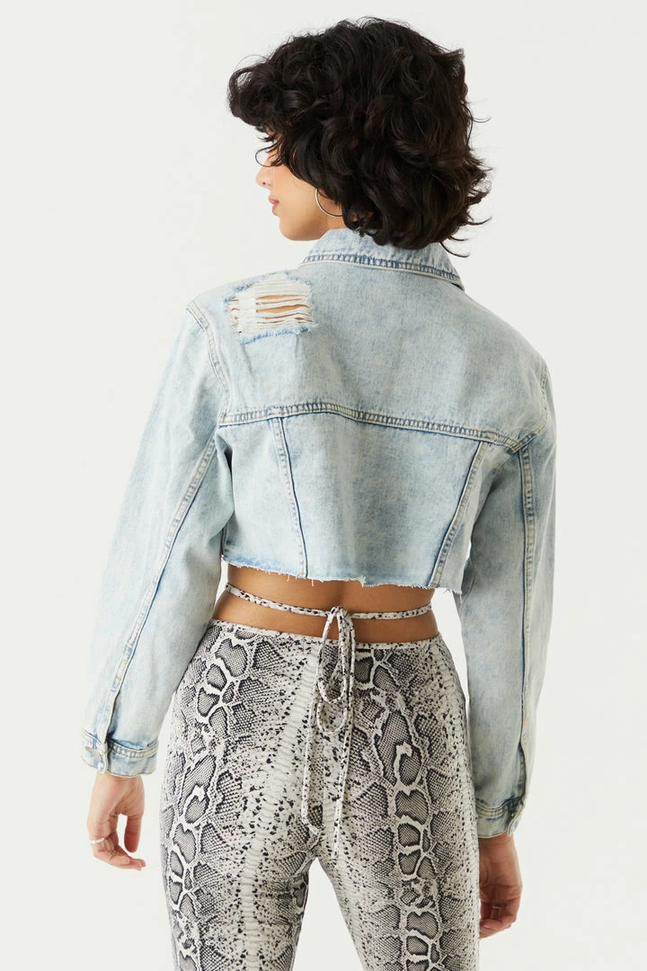 Stitches Ladies Denim Jackets Refuge Cut-Off Light Wash Distressed Denim Jacket 2 Stitches Ladies Denim Jackets Refuge Cut-Off Light Wash Distressed Denim Jacket