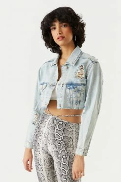 Stitches Ladies Denim Jackets Refuge Cut-Off Light Wash Distressed Denim Jacket