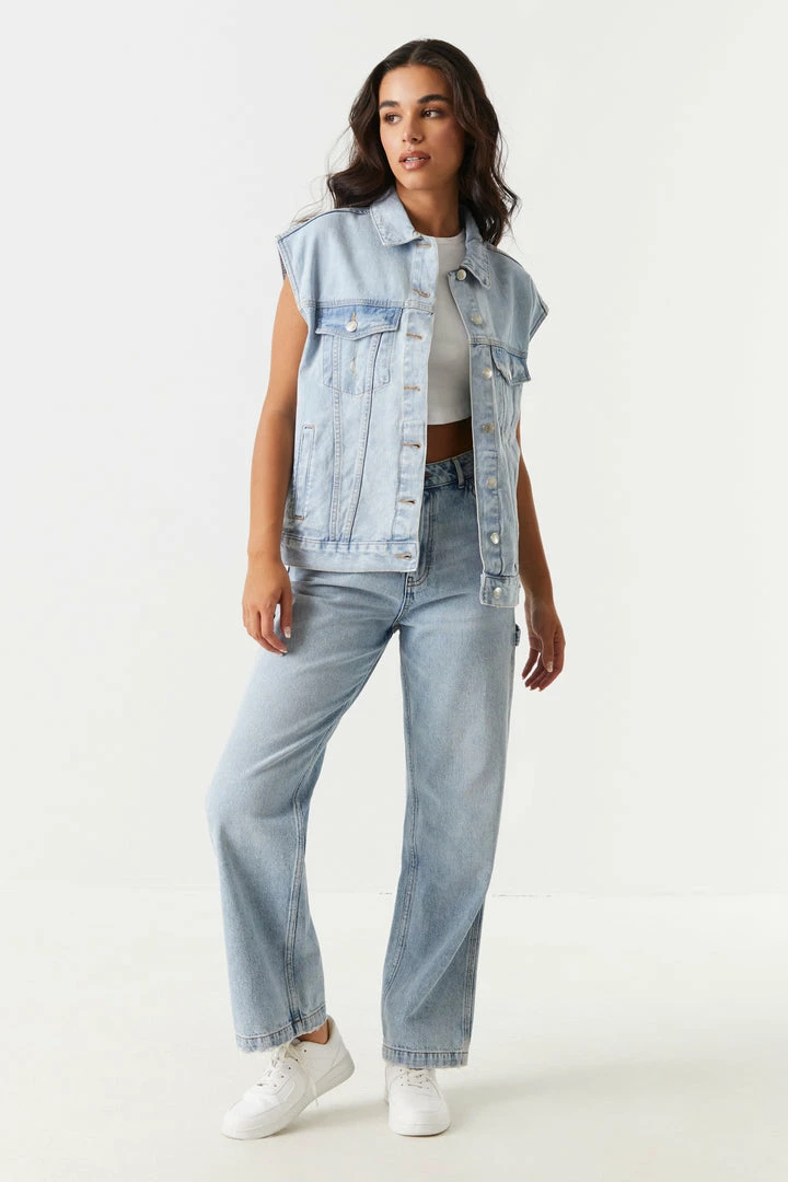 Stitches Ladies Denim Jackets Oversized Button-Up Denim Vest 3 Stitches Ladies Denim Jackets Oversized Button-Up Denim Vest