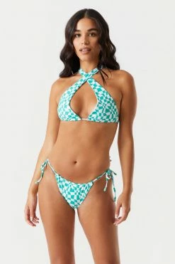 Stitches Ladies Convertible Green Checkered Print Self-Tie Halter Bikini Top Sets