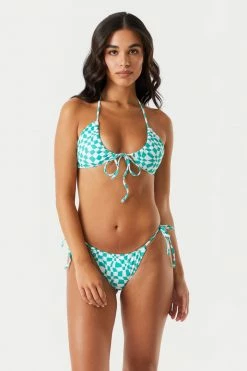 Stitches Ladies Convertible Green Checkered Print Self-Tie Halter Bikini Top Sets