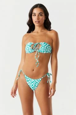 Stitches Ladies Convertible Green Checkered Print Self-Tie Halter Bikini Top Sets