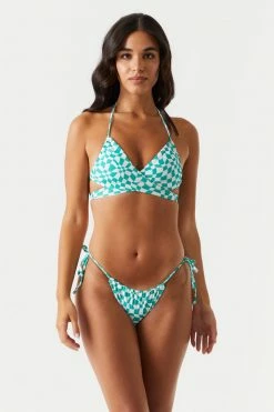 Stitches Ladies Convertible Green Checkered Print Self-Tie Halter Bikini Top Sets