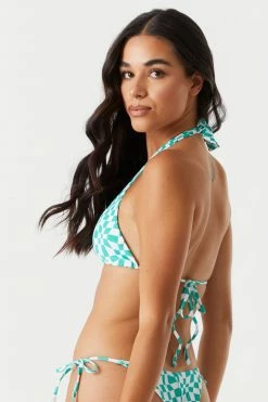 Stitches Ladies Convertible Green Checkered Print Self-Tie Halter Bikini Top Sets