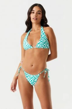 Stitches Ladies Convertible Green Checkered Print Self-Tie Halter Bikini Top Sets