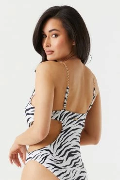 Stitches Ladies Sommer Ray Zebra Print Side Cut-Out Chain Strap One Piece Swimsuit