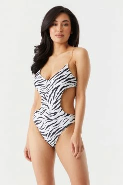 Stitches Ladies Sommer Ray Zebra Print Side Cut-Out Chain Strap One Piece Swimsuit
