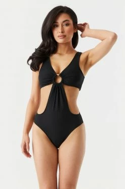 Stitches Ladies Ribbed O-Ring Cut-Out One Piece Swimsuit Swimwear