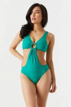 Stitches Ladies Ribbed O-Ring Cut-Out One Piece Swimsuit Swimwear