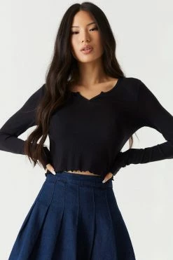 Stitches Ladies Tops Ribbed Notched Neck Long Sleeve Top