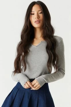 Stitches Ladies Tops Ribbed Notched Neck Long Sleeve Top