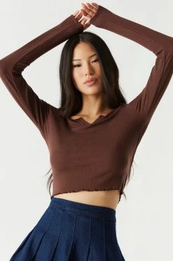 Stitches Ladies Tops Ribbed Notched Neck Long Sleeve Top