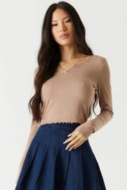 Stitches Ladies Tops Ribbed Notched Neck Long Sleeve Top