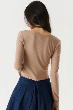 Stitches Ladies Tops Ribbed Notched Neck Long Sleeve Top