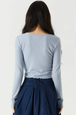 Stitches Ladies Tops Ribbed Notched Neck Long Sleeve Top