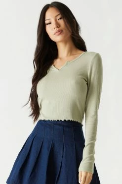 Stitches Ladies Tops Ribbed Notched Neck Long Sleeve Top