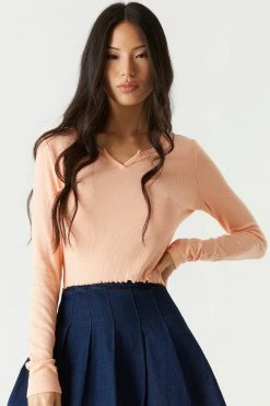 Stitches Ladies Tops Ribbed Notched Neck Long Sleeve Top